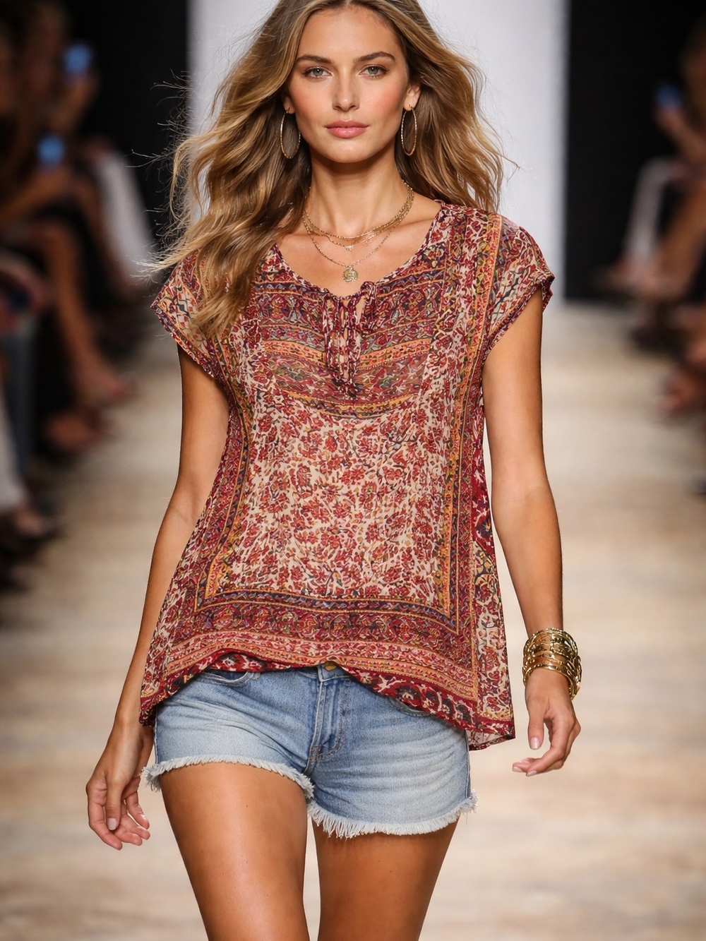 Lucky Brand Red Multi Boho Tie-Front Cap Sleeve Blouse - Picture 1 of 6